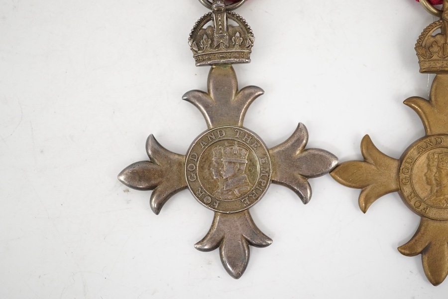 Three George V Orders; a 1st type military OBE, a 2nd type civil OBE and a 2nd type military MBE. Condition - fair to good.